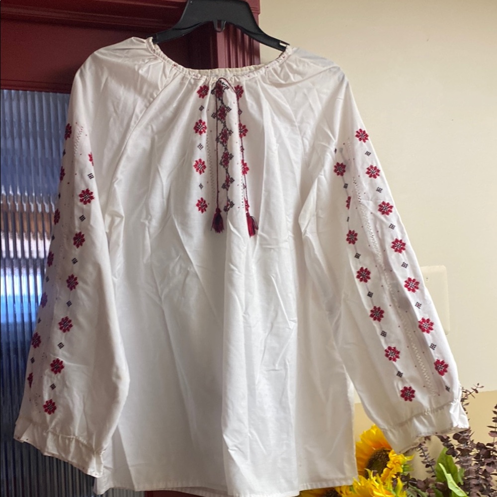 Ukrainian National Costume Handmade Red Black Embroidery White Shirt